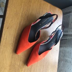 Orange w/flower kitten heels sling backs
